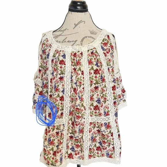 Blue Tassel Anthropologie Maylou Open Shoulder Blouse Floral Crochet Size Medium - Picture 11 of 16